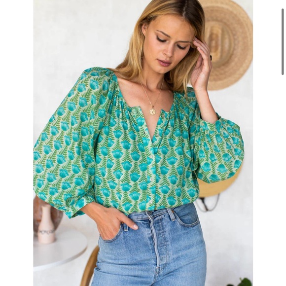 FRANCES BLOUSE - FRIDA BLUE GREEN ORGANIC - Picture 2 of 7